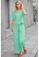 Günlük Rahat Beli Lastikli Kadın Su Yeşili Keten İkili Takım Alt Üst