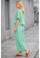 Günlük Rahat Beli Lastikli Kadın Su Yeşili Keten İkili Takım Alt Üst