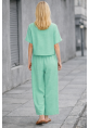 Günlük Rahat Beli Lastikli Kadın Su Yeşili Keten İkili Takım Alt Üst